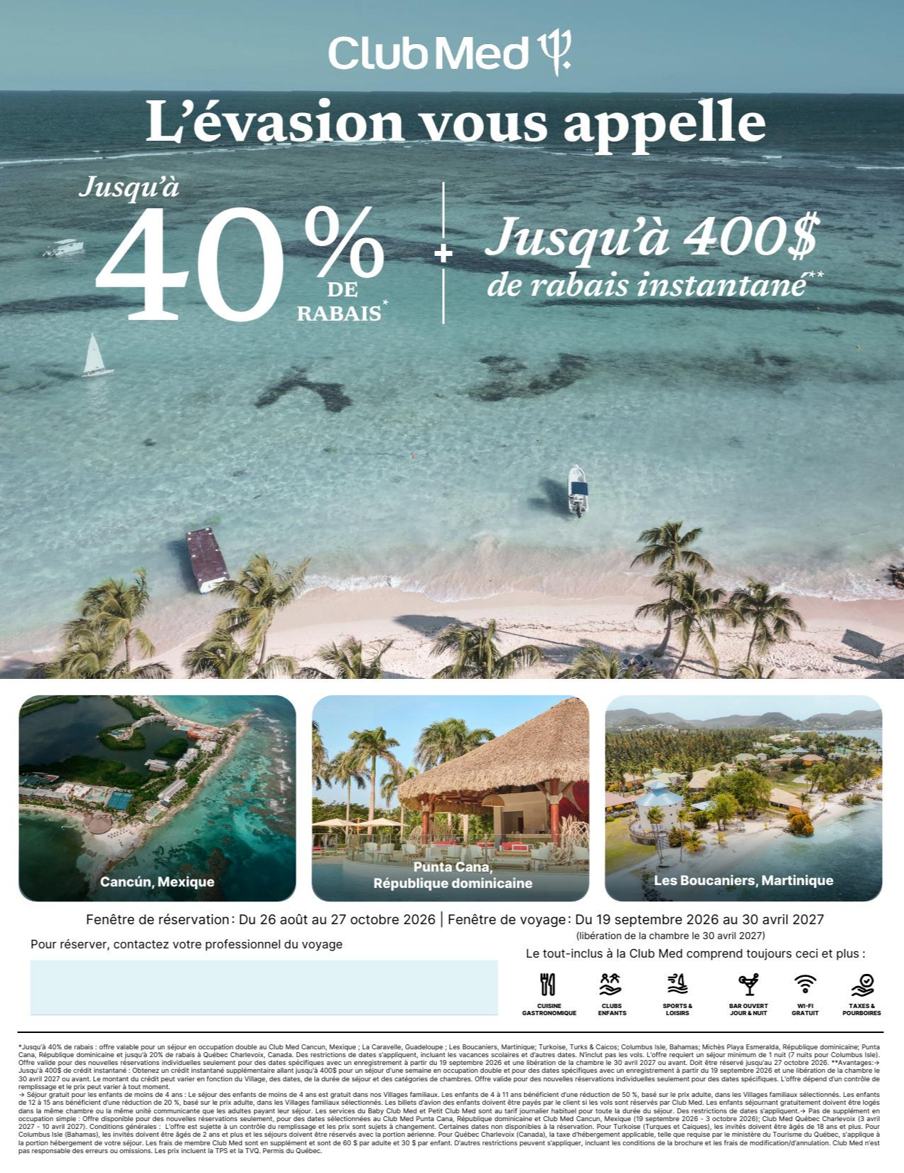Promotions Club Med Offre Ensoleillée 40% de rabais + 400$ de rabais instantané avec Voyages Aqua Terra Sherbrooke undefined