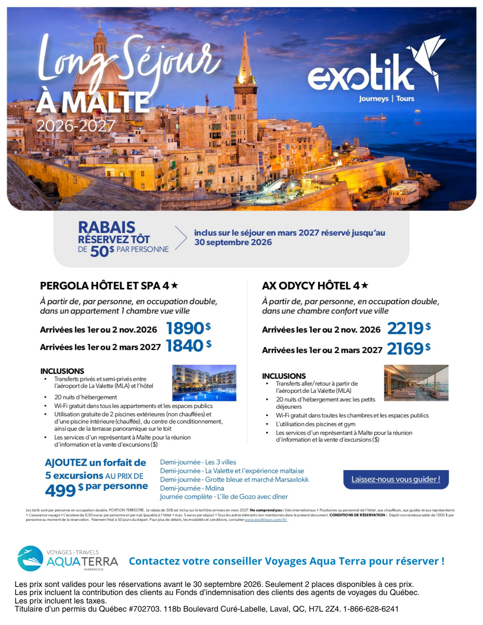 Promotion Exotik Long Séjour à Malte avec Voyages Aquaterra Sherbrooke undefined