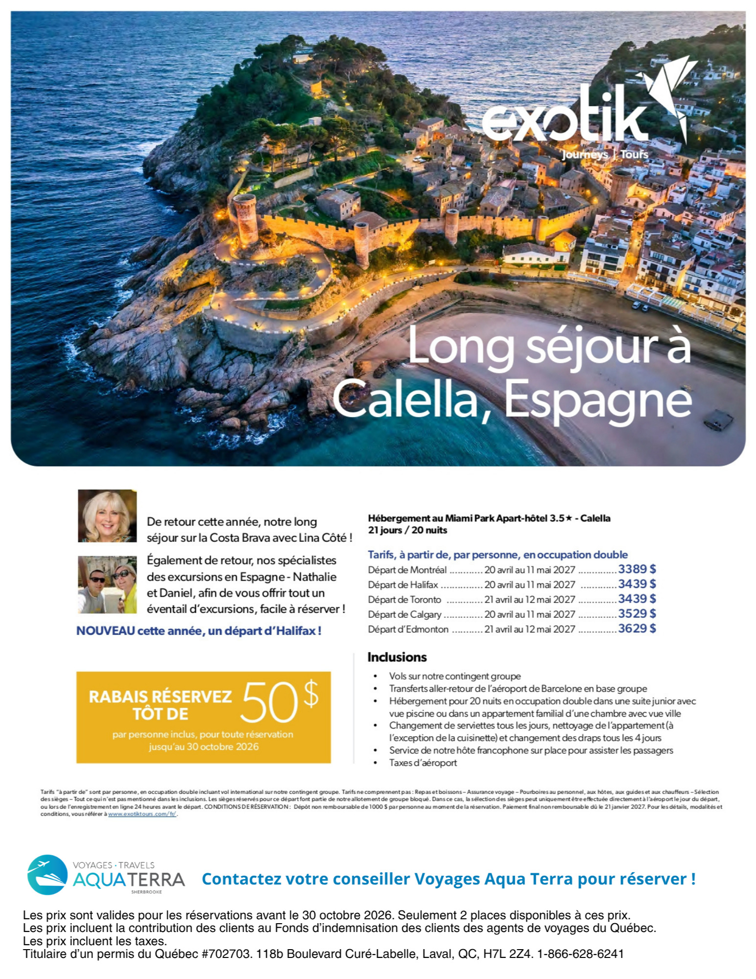 Promotion Exotik tours : Long séjour à Calella, Espagne avec Voyages Aqua Terra Sherbrooke undefined